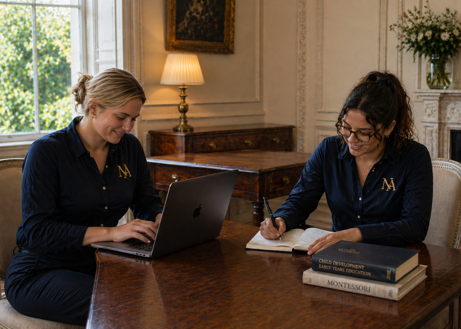 Two women in matching navy blue shirts sitting at a wooden table in an elegant room. One woman is working on a silver laptop, and the other is writing in a notebook with several books stacked in front of her.
