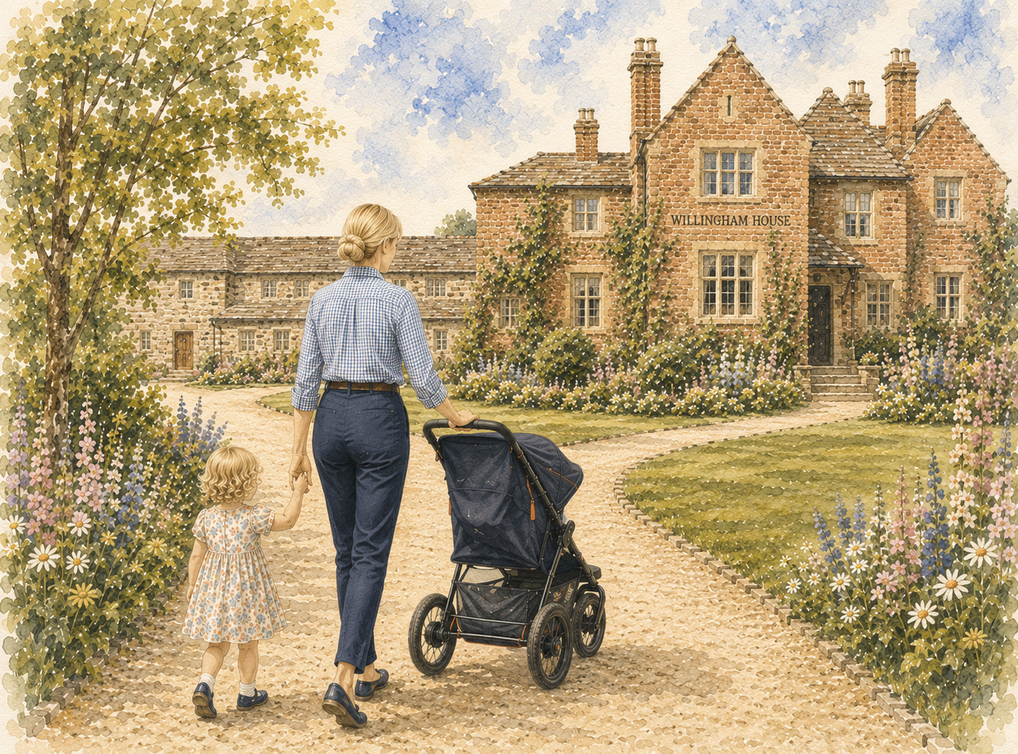 Willingham house, nanny holding little girls hand.