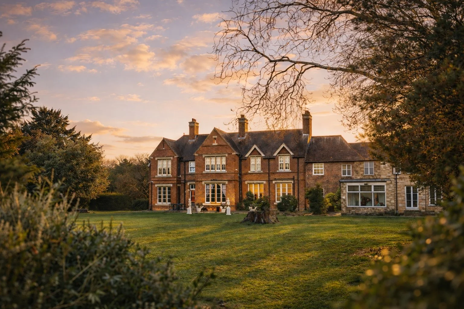 A large, historic brick house with multiple chimneys, surrounded by a lush green lawn and trees, during sunset with a colorful sky.