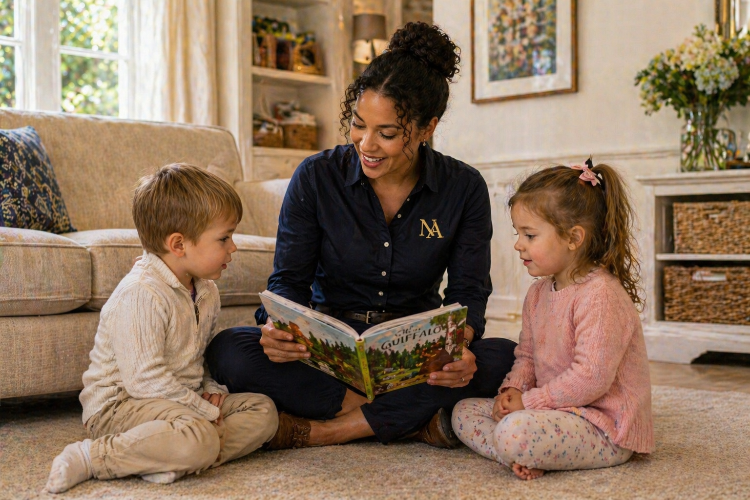 A woman reading a children's book to two kids sitting on a carpeted floor in a living room with a beige sofa and colorful decor.