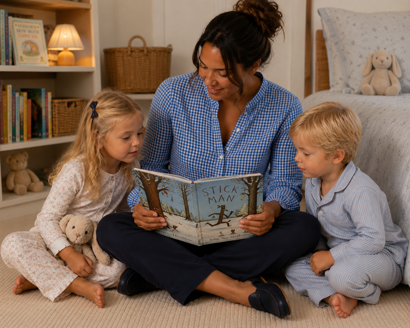 Nanny reading a story to two children at the nanny academy