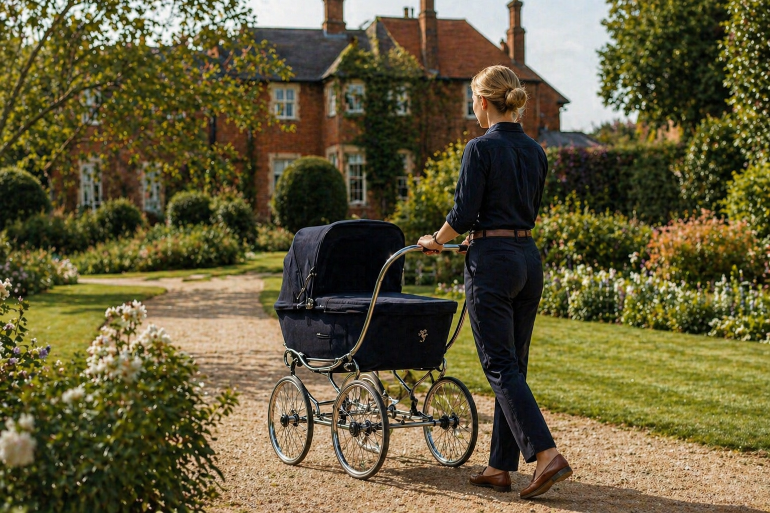A woman dressed in black pushing a black baby carriage along a garden path in front of a large brick house with lush greenery and blooming flowers.