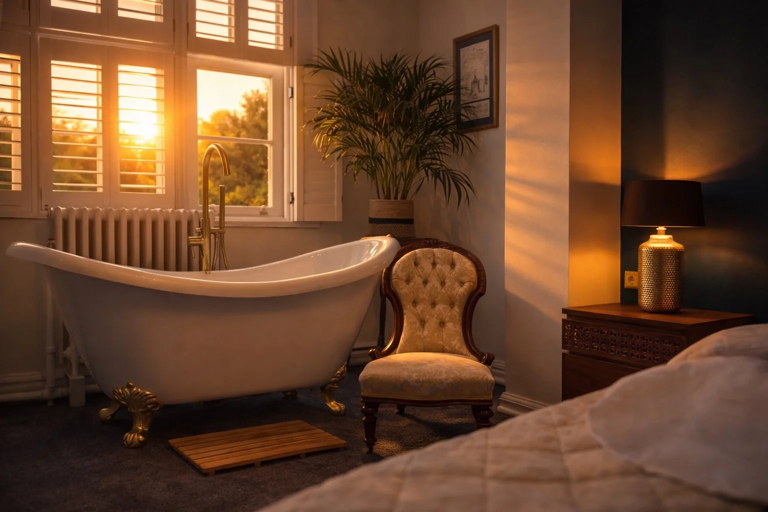 Vintage-style bathroom with a freestanding bathtub, a tufted armchair, a wooden side table with a lamp, a large potted plant, and a window showing sunset light.