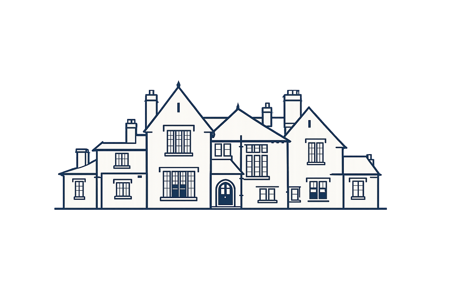Line drawing of a large, multi-story house with multiple chimneys, set against a colorful digital background with purple, pink, and blue light streaks.