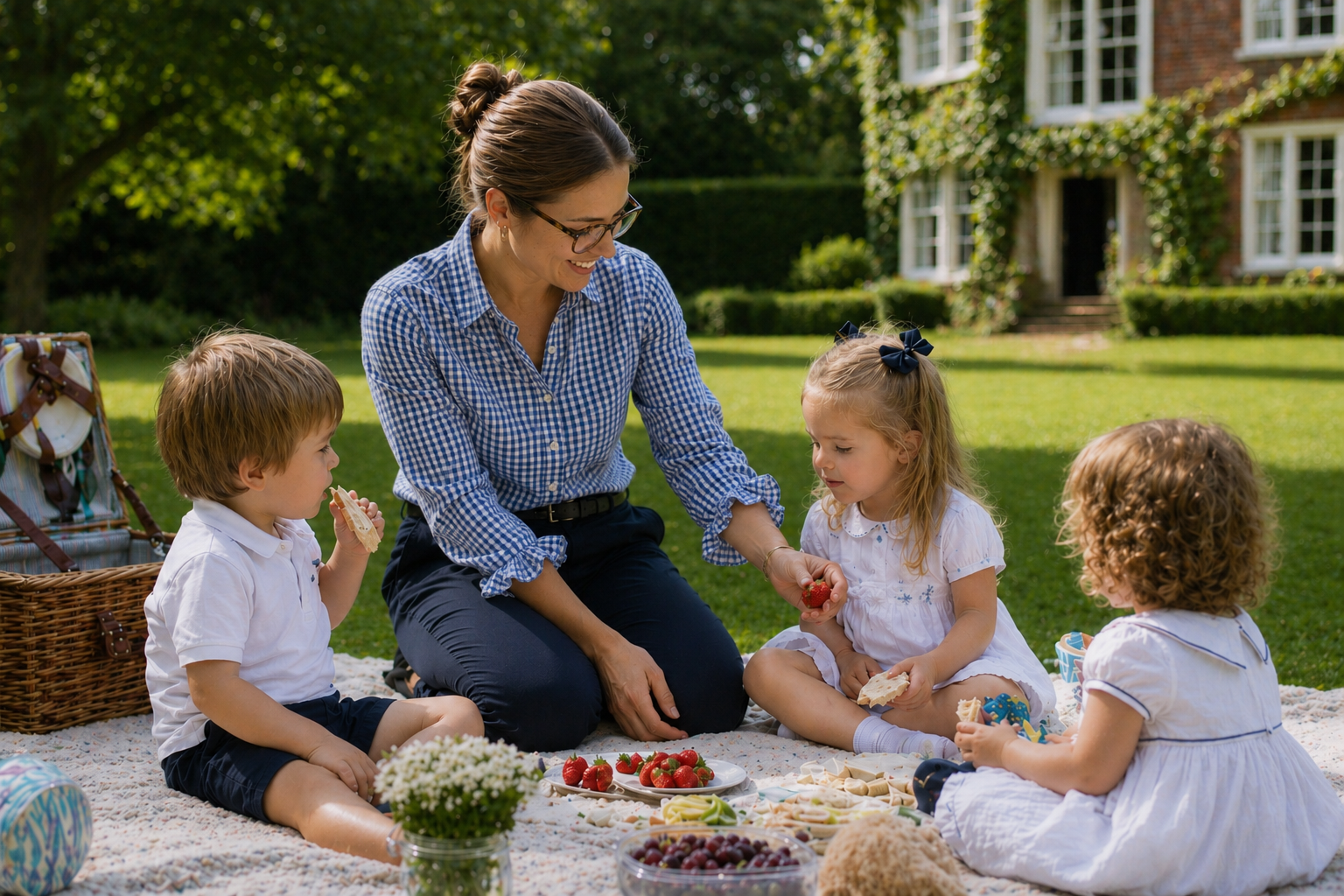 Nanny having a picnic with 3 children at nanny academy