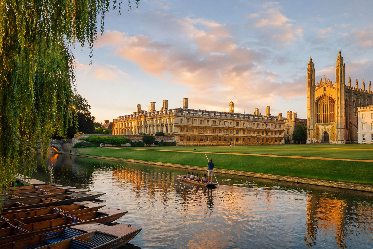 A river scene at sunset with a boat carrying people and a person standing at the back, a large historic building and a cathedral on the banks, and wooden boats docked in the foreground.