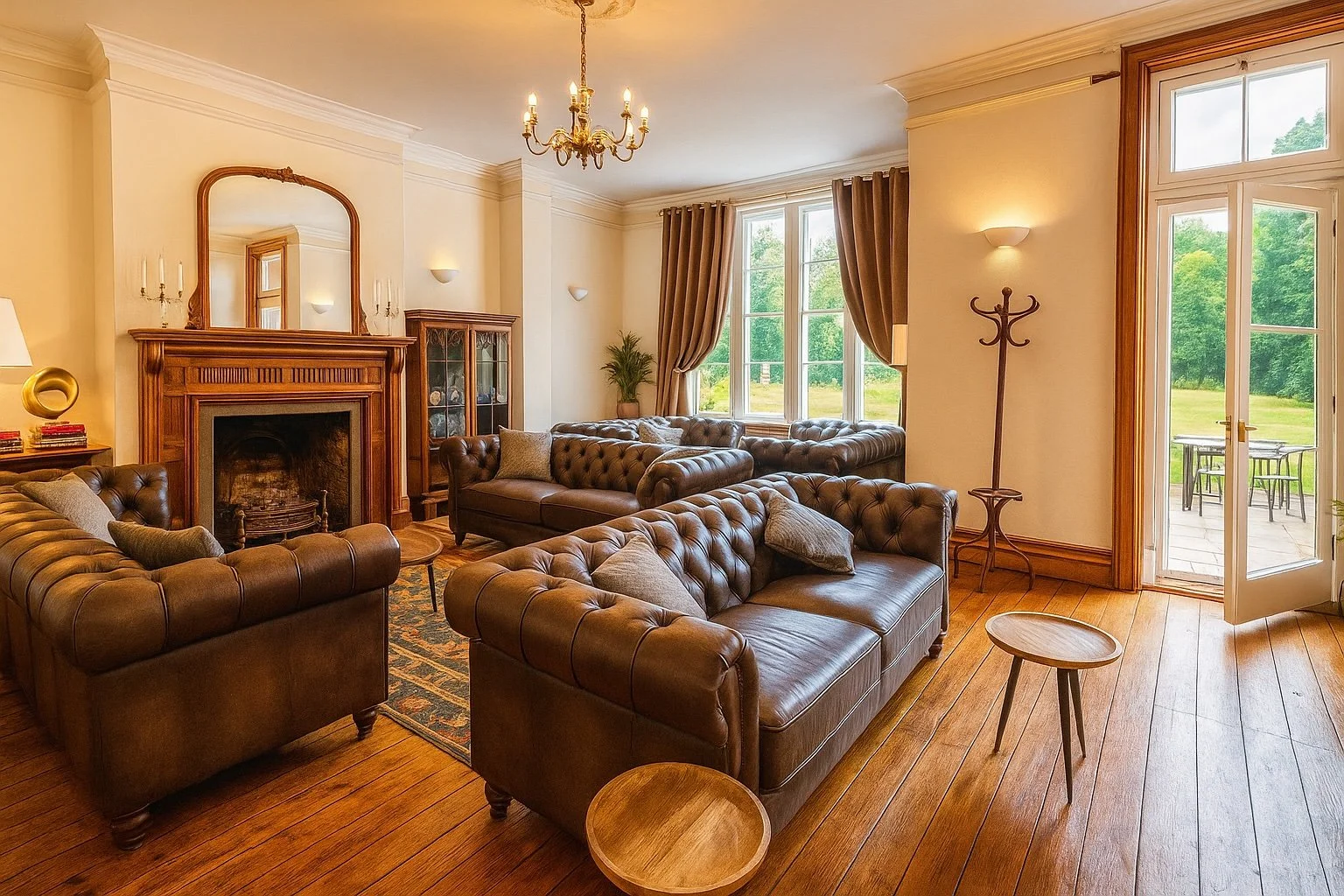 Living room with large windows, brown leather chesterfield sofas, a wooden fireplace mantel, and hardwood floors.