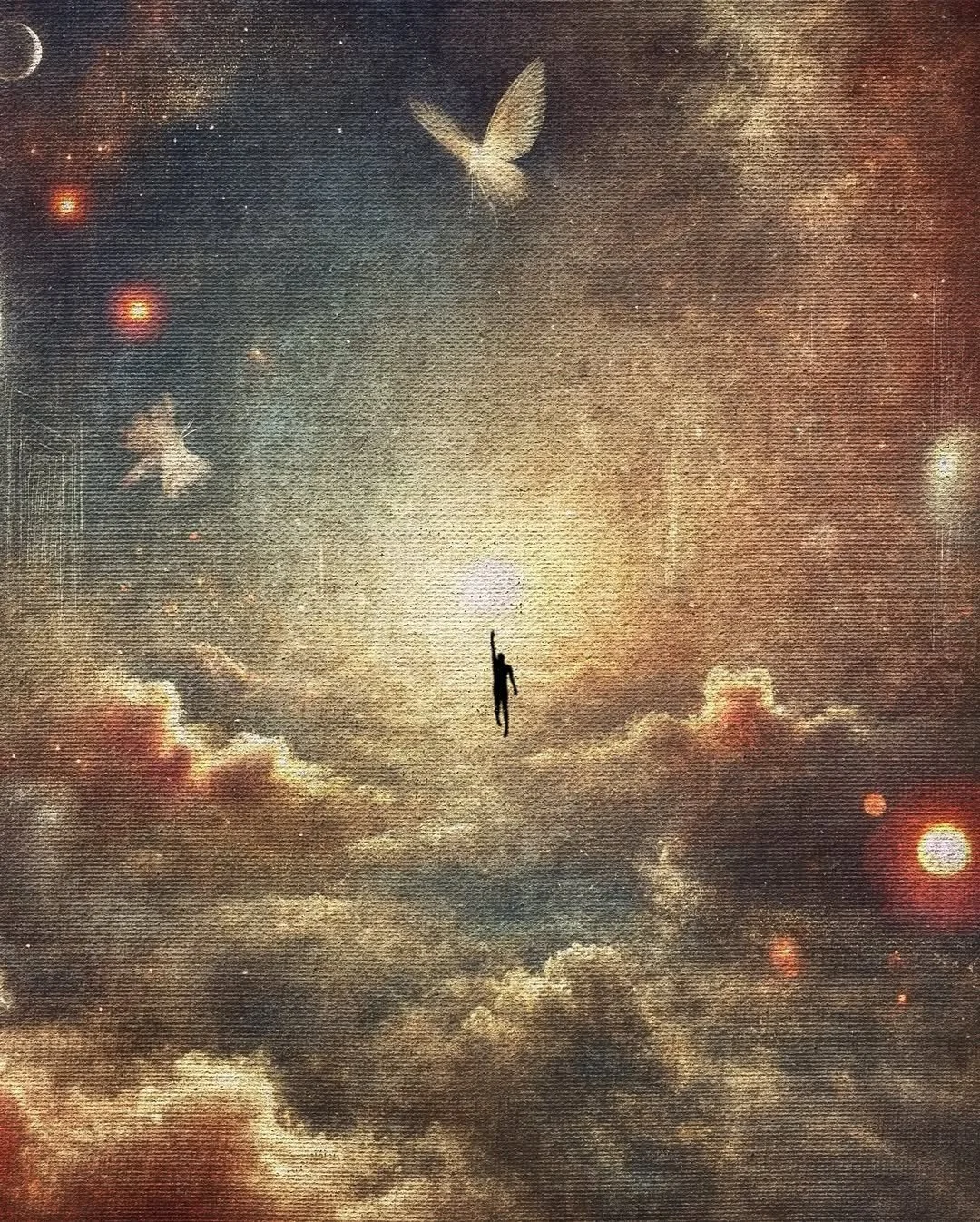 A surreal artwork of a person floating in a cosmic sky with clouds, stars, and a glowing light source, along with a large butterfly and stars in the background, creating a dreamy celestial scene.