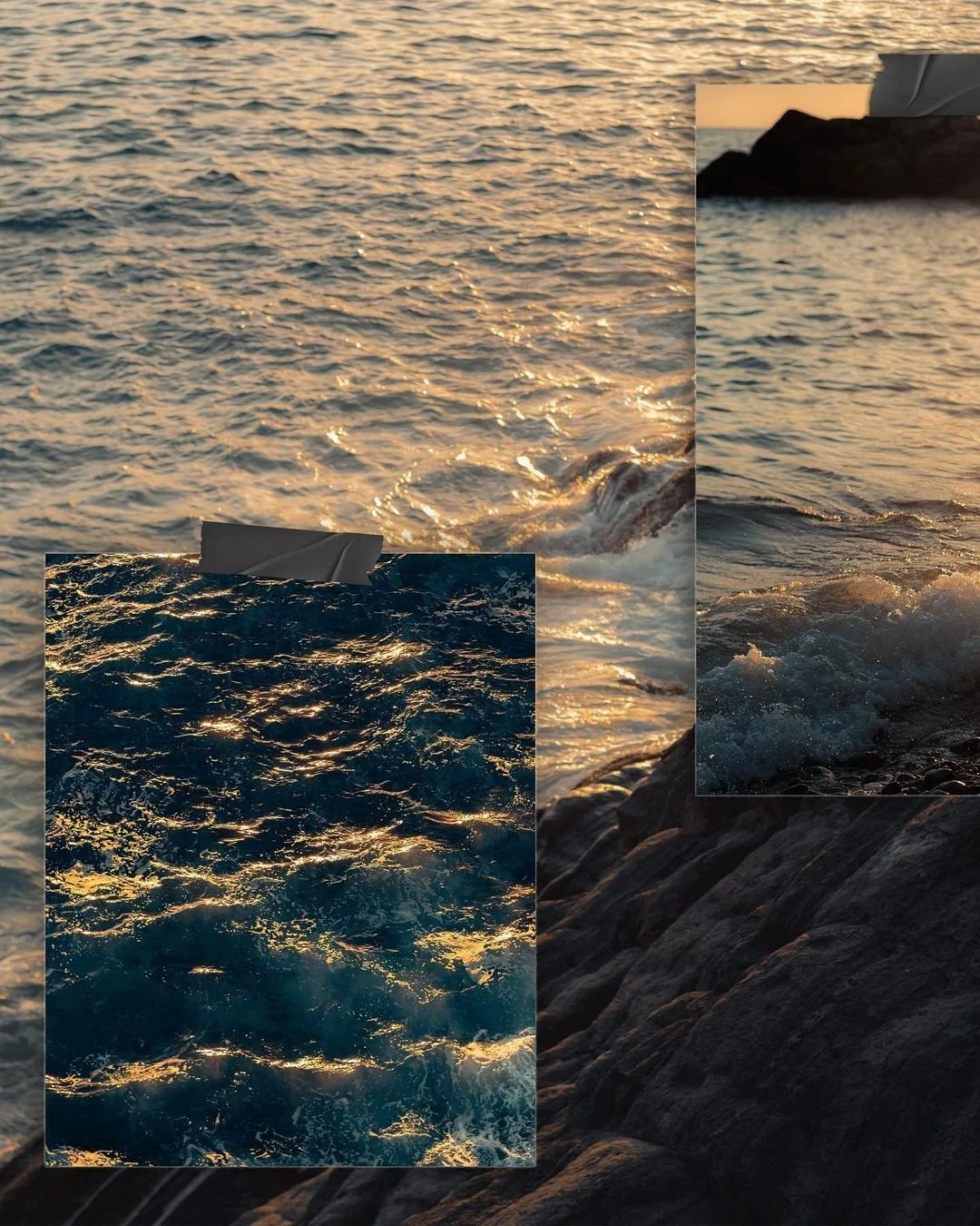 Collage of photos of ocean waves during sunset, with rocky shore visible.