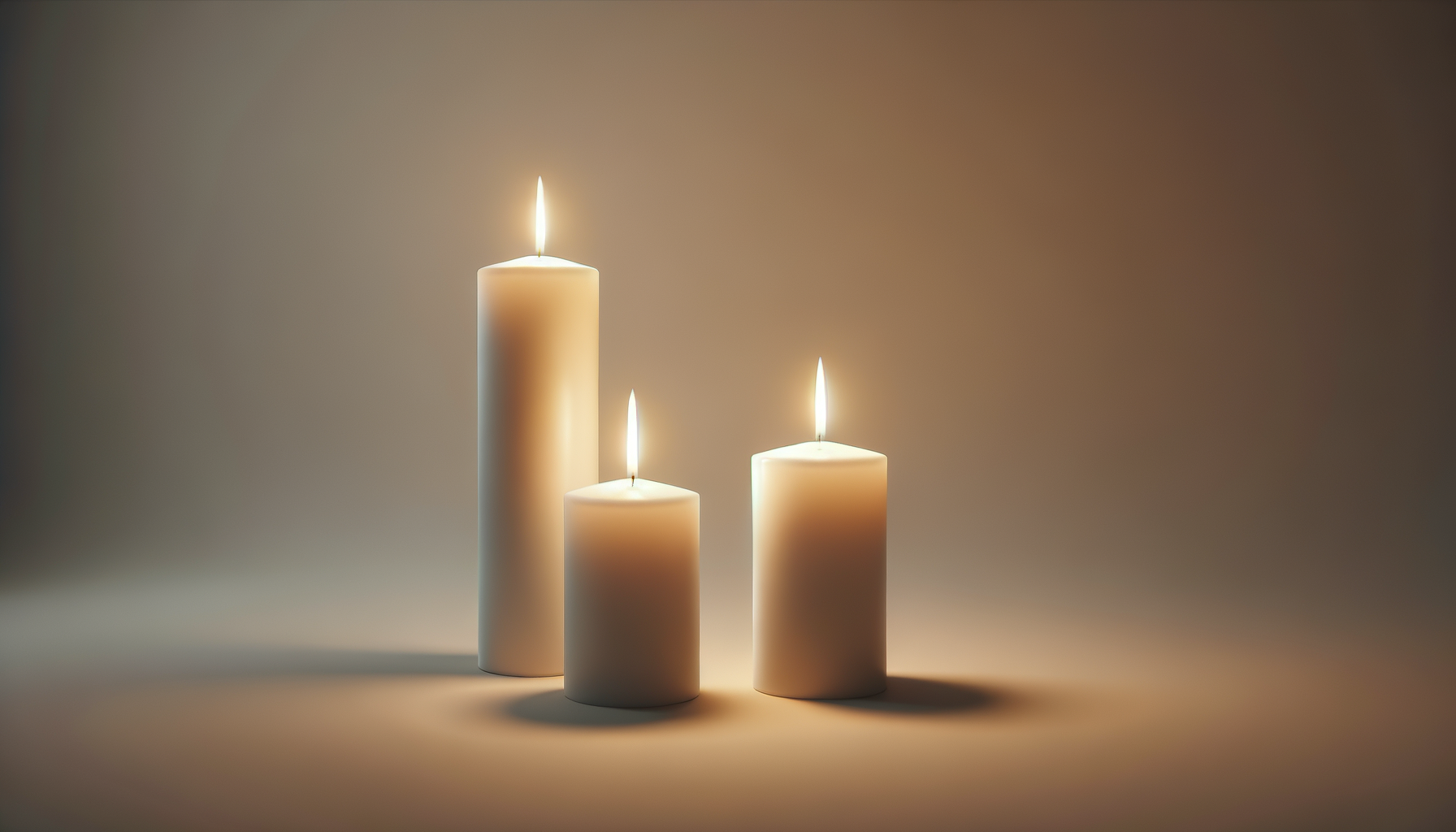 Three lit white candles of varying heights on a neutral background.