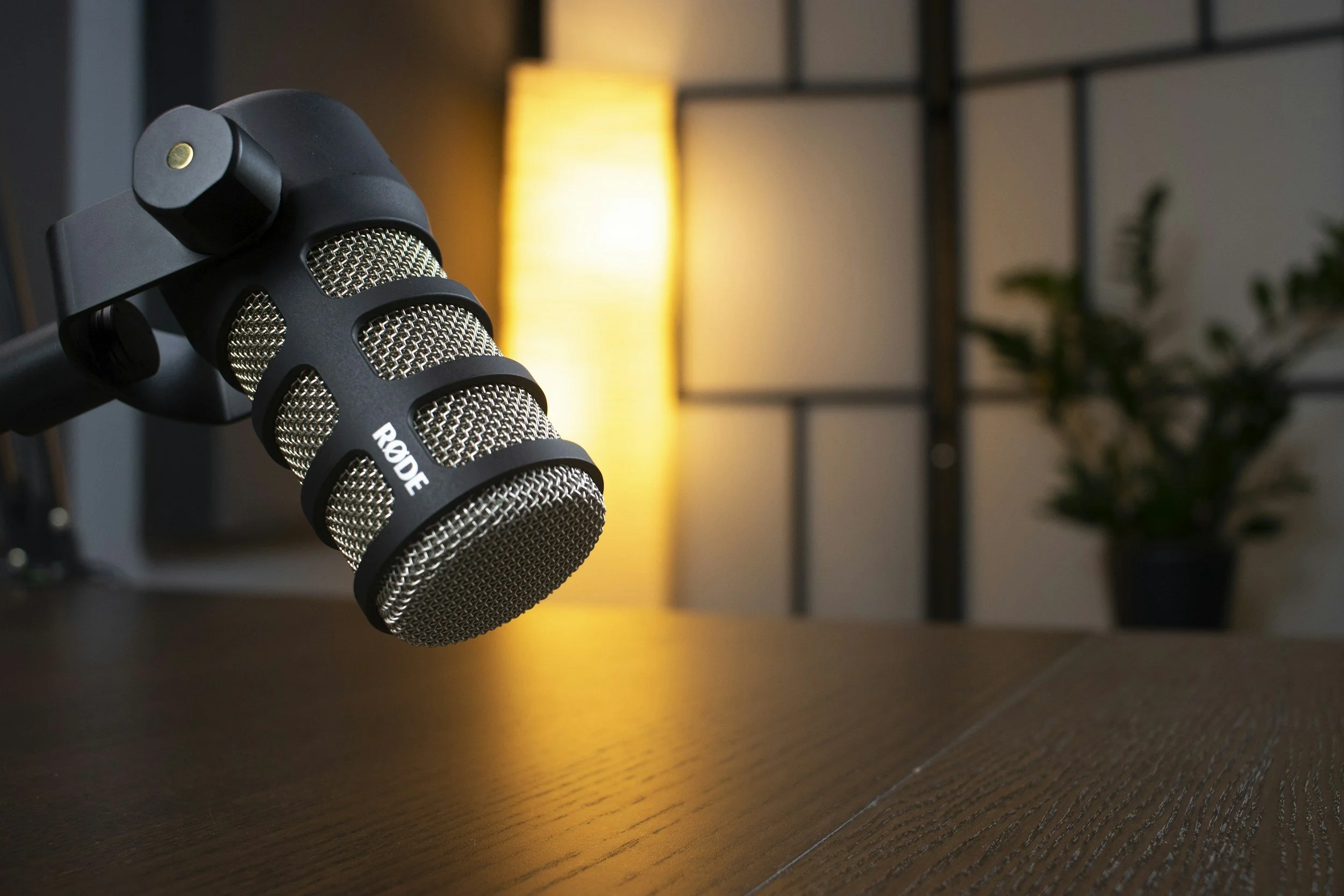 Close-up of a Rode professional microphone mounted on a table in a recording studio or podcast setup, with warm lighting and decorative elements in the background.