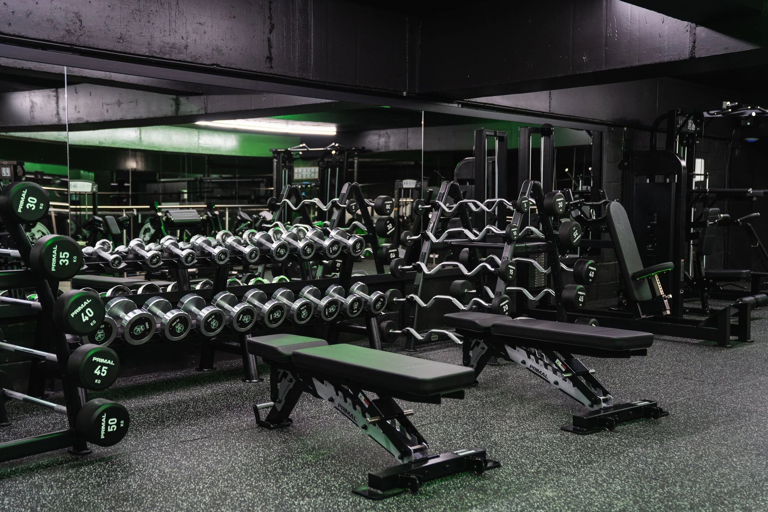 Gym with various dumbbells and weightlifting equipment in front of a mirror.