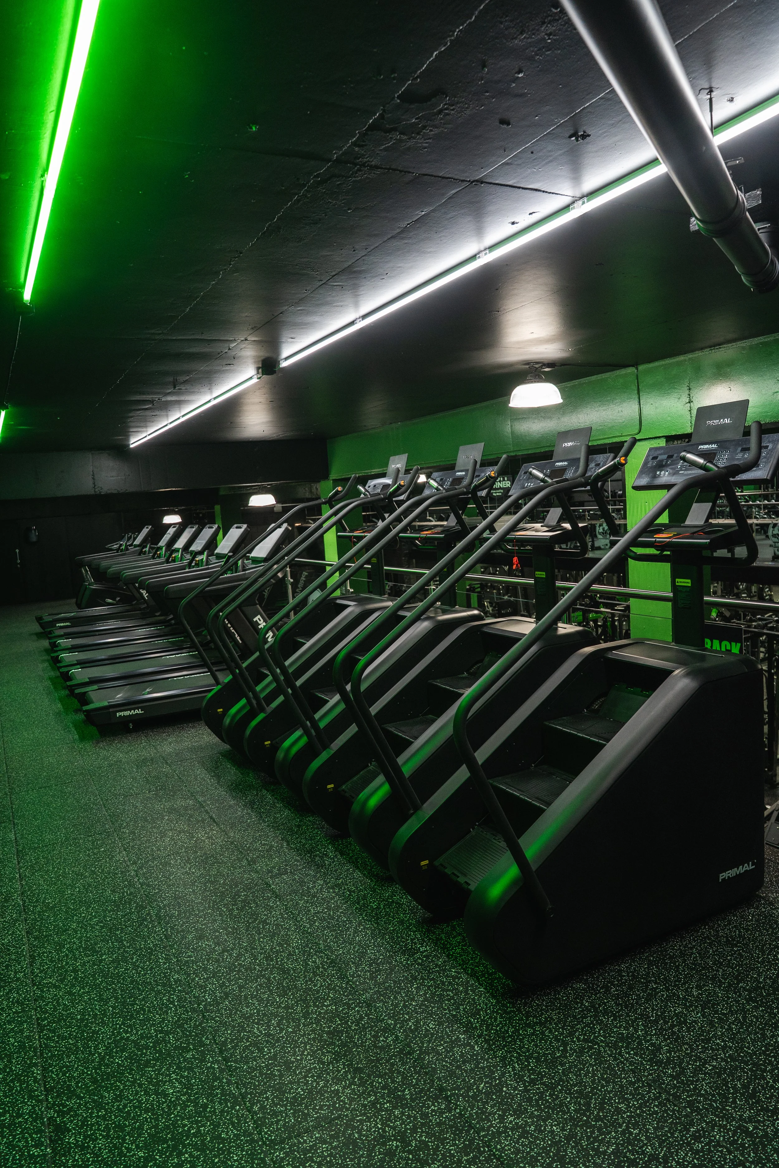 Row of black elliptical exercise machines in a gym with green and white lighting, green walls, and black rubber flooring.