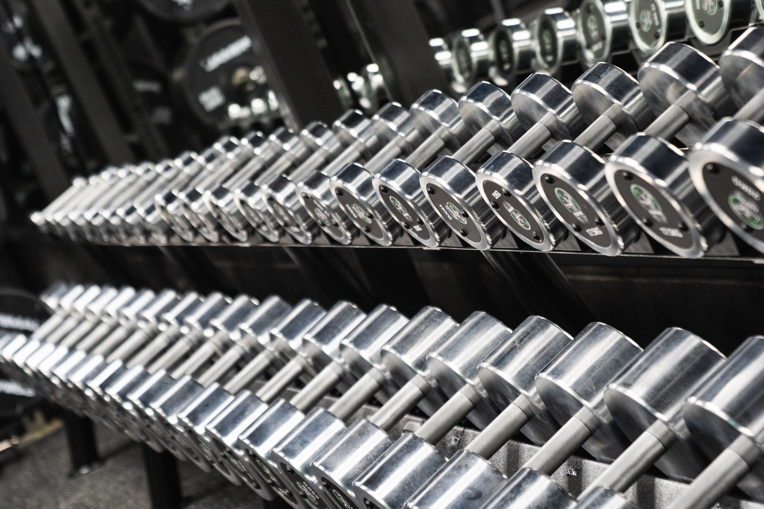 Multiple rows of metallic dumbbells on racks in a gym setting.