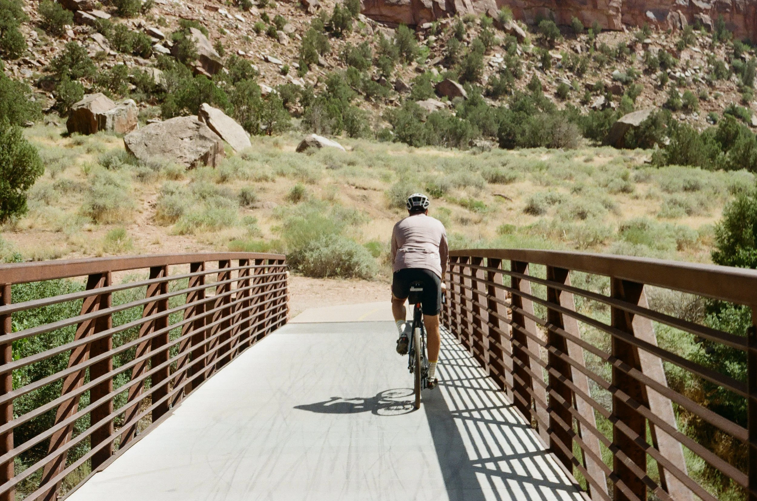 Person riding a bicycle across a metal bridge over a natural landscape with shrubs, trees, and rocky hills in the background.
