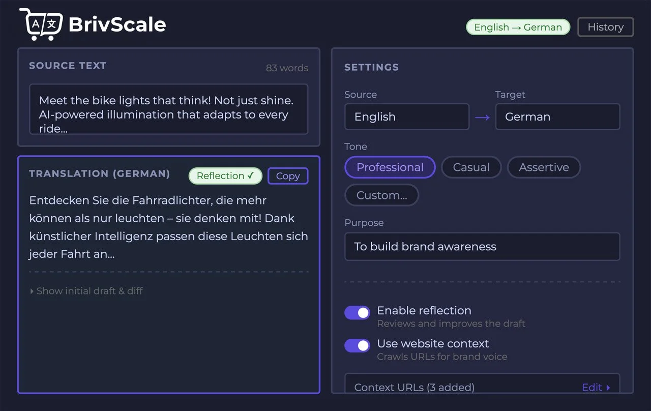 Screenshot of a translation tool named BrivScale showing an English text about bike lights, with its German translation. The settings indicate a professional tone for building brand awareness, with options to enable reflection and website context.