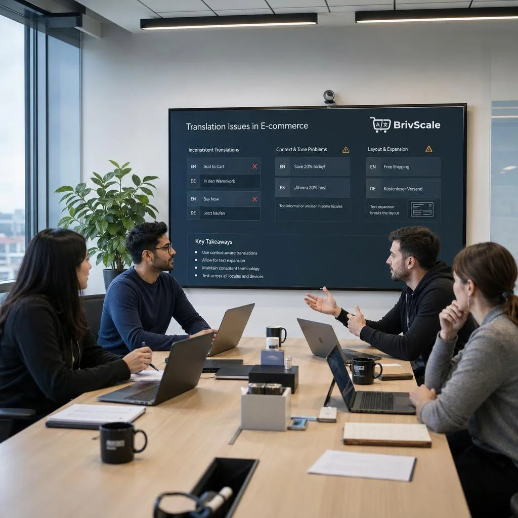 A group of five people having a meeting in a conference room, with a large digital screen displaying a presentation on translation issues in e-commerce.