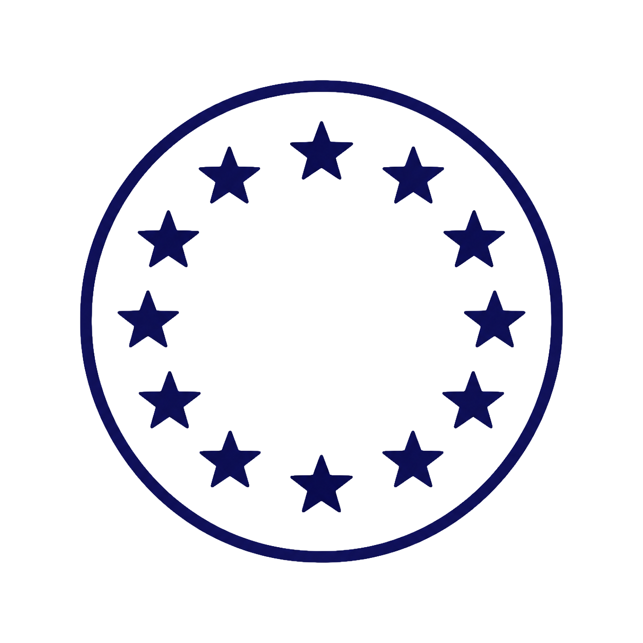 Stylized European Union emblem with 12 stars in circle on a blue background.