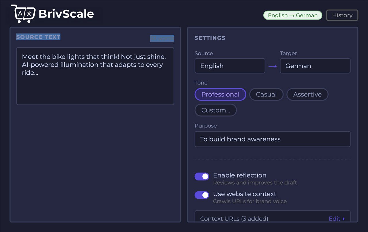 Screenshot of BrivScale app interface with source text about AI-powered bike lighting and settings for language, tone, purpose, reflection, and website context.