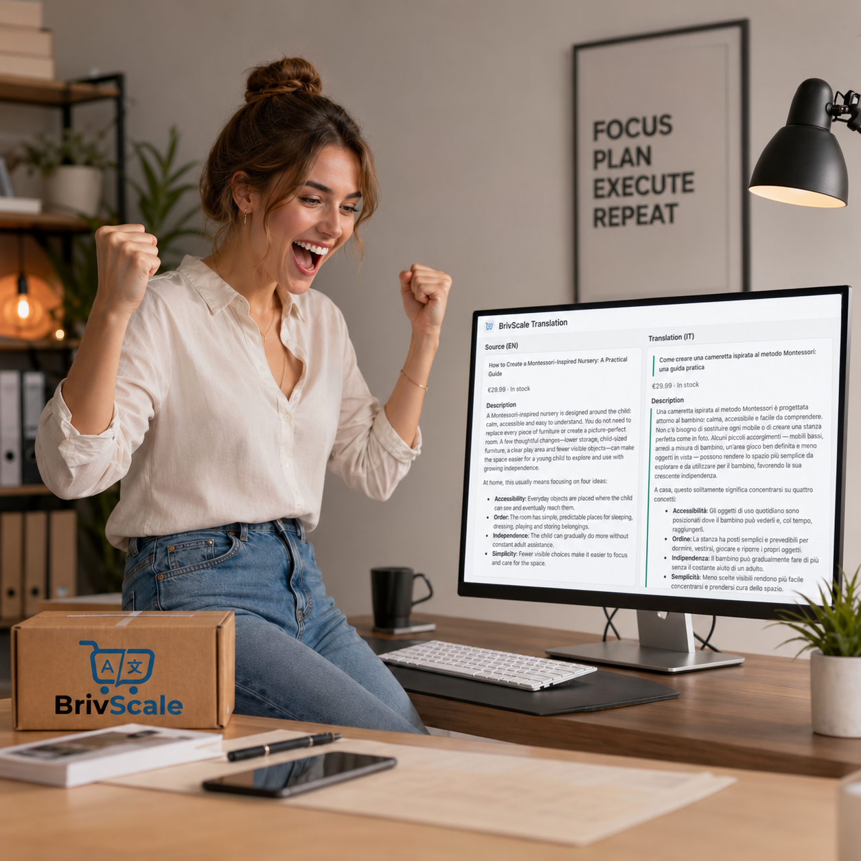 Woman celebrating beside a monitor displaying the BrivScale translation interface.