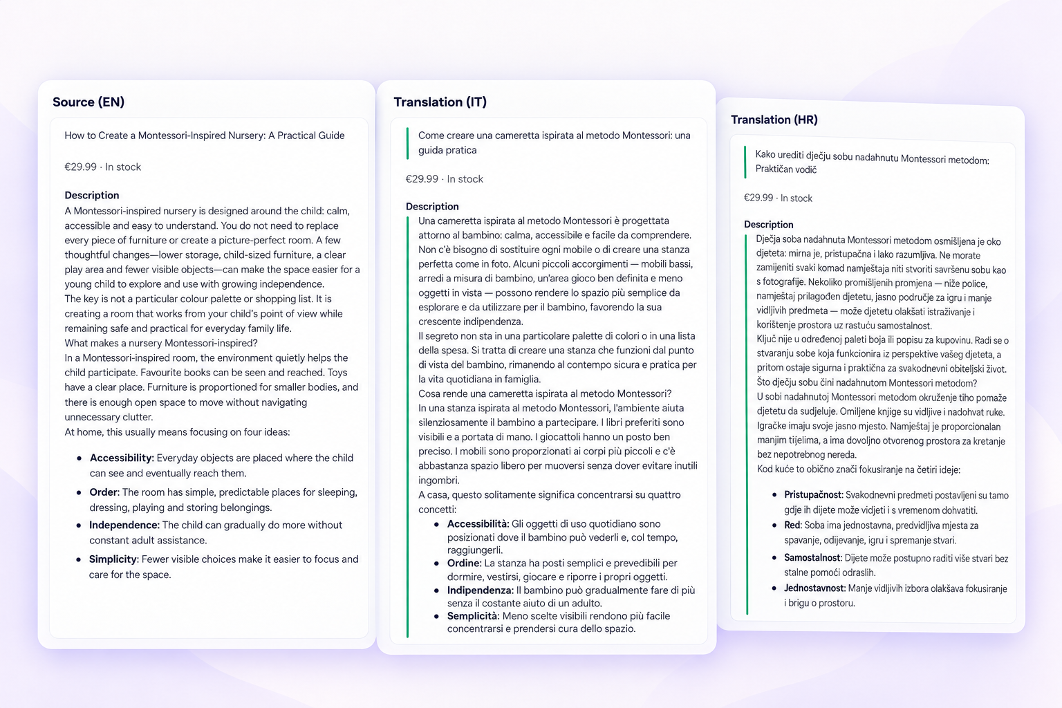 BrivScale interface comparing English source content with Italian and Croatian translations.
