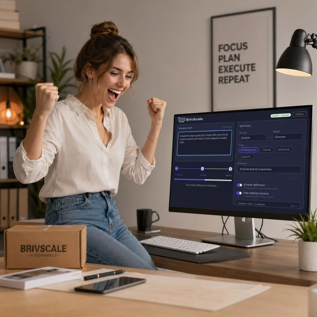 A woman celebrating in a home office, sitting at a desk with a computer showing text editing software, a cardboard box labeled 'BrivScale E-Commerce,' and various office supplies.