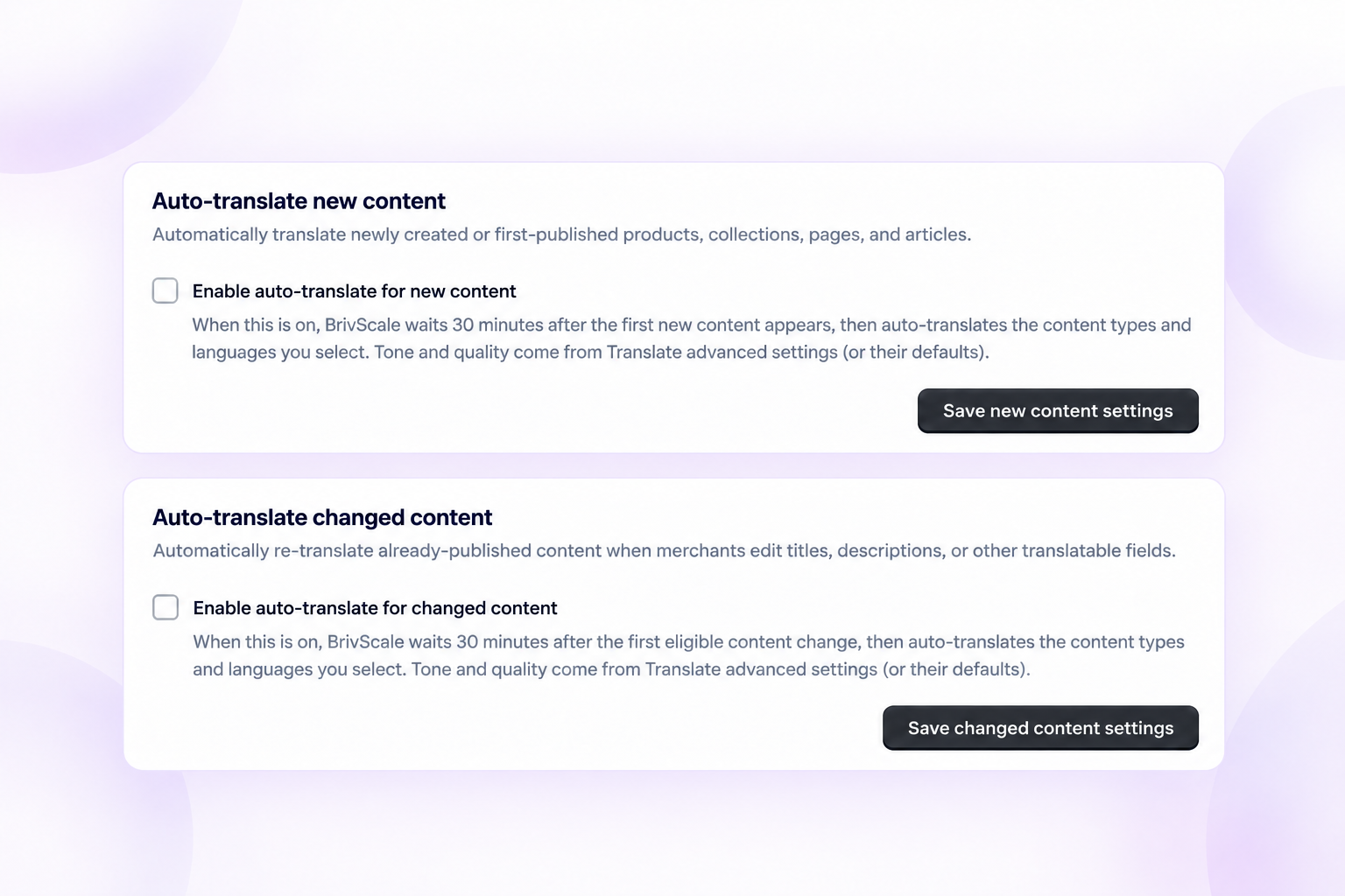 BrivScale settings with options to automatically translate new content and retranslate updated content.