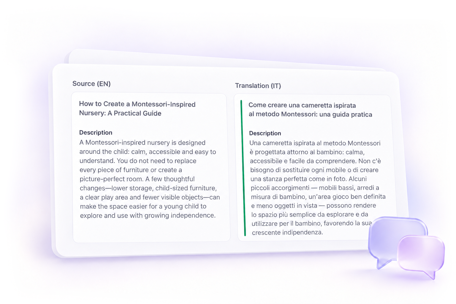 BrivScale interface showing English content and its Italian translation side by side.