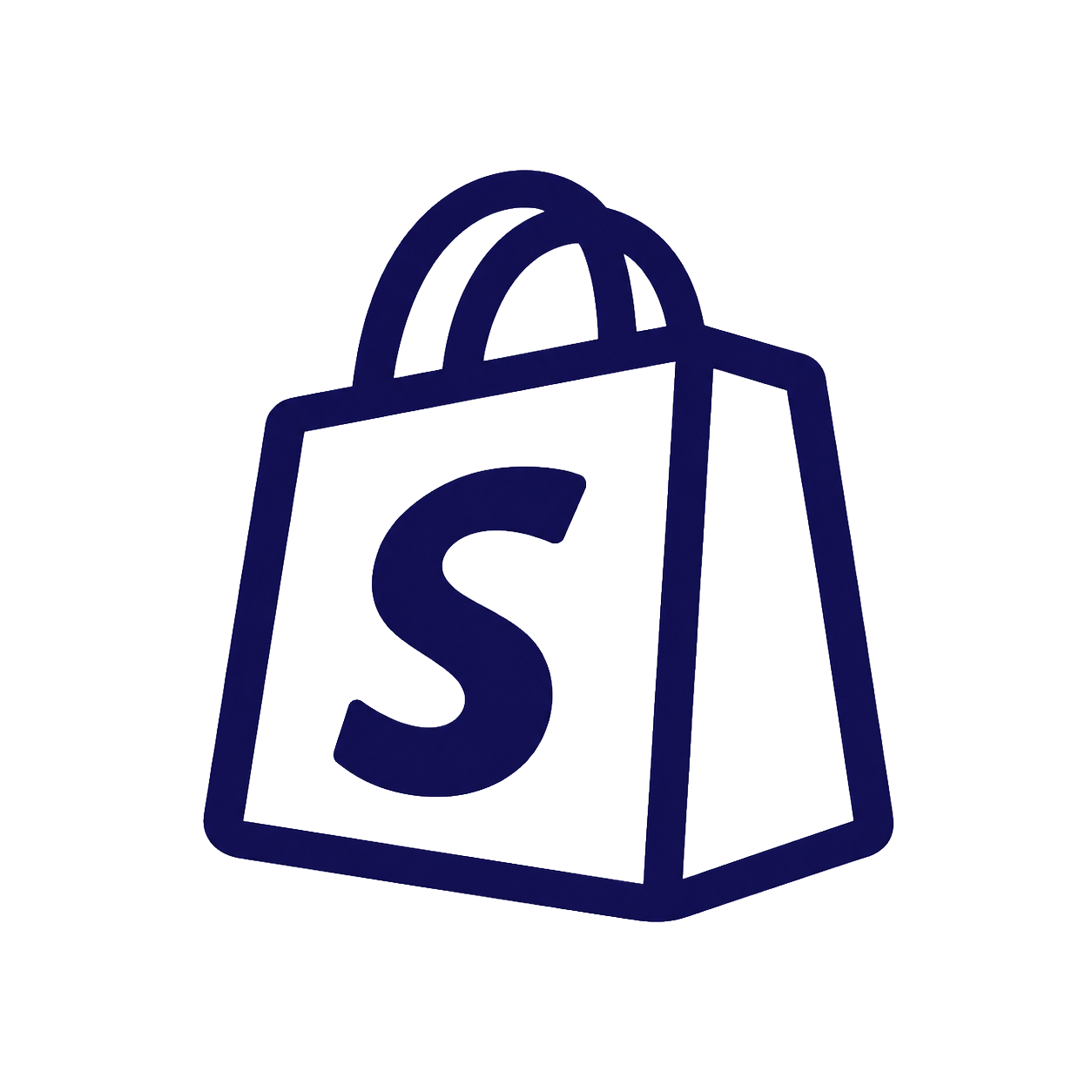 A stylized graphic of a shopping bag with a Shopify logo on it, depicted in blue outlines.