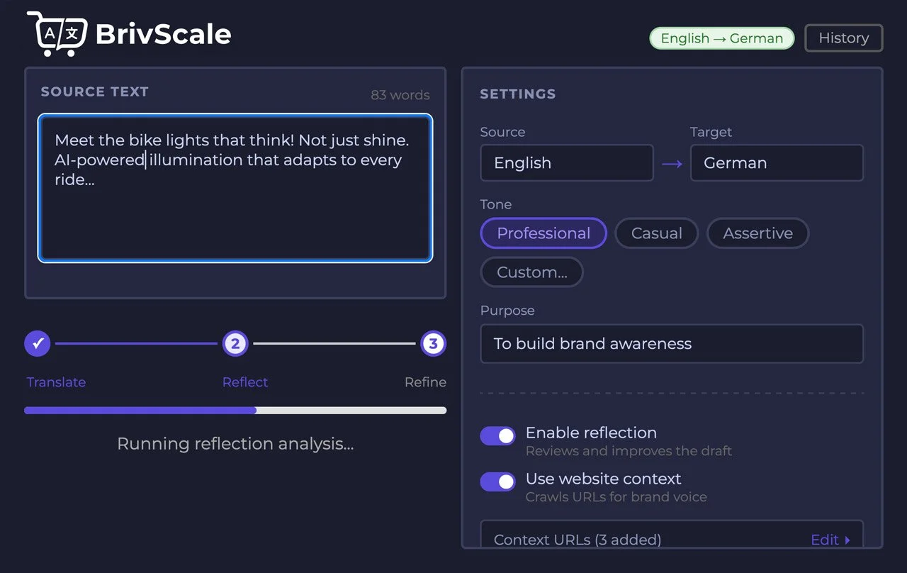 Screenshot of BrivScale website interface showing text translation from English to German, with options for tone and purpose, and settings for reflection and website context.