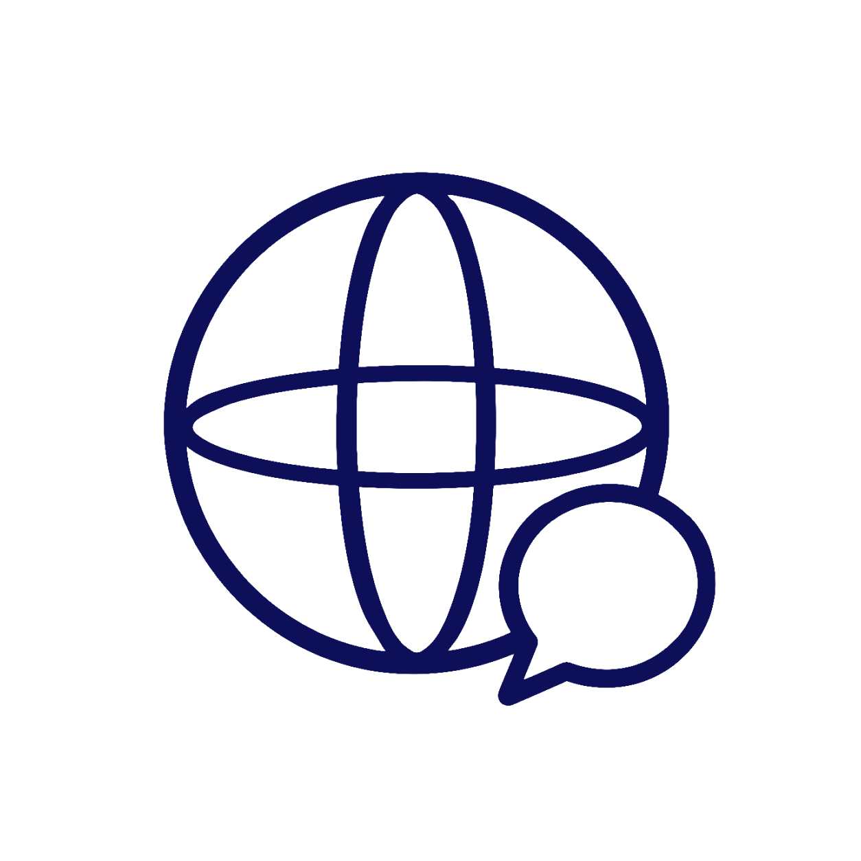 A globe with a speech bubble, icon symbolizing global communication or online discussion.