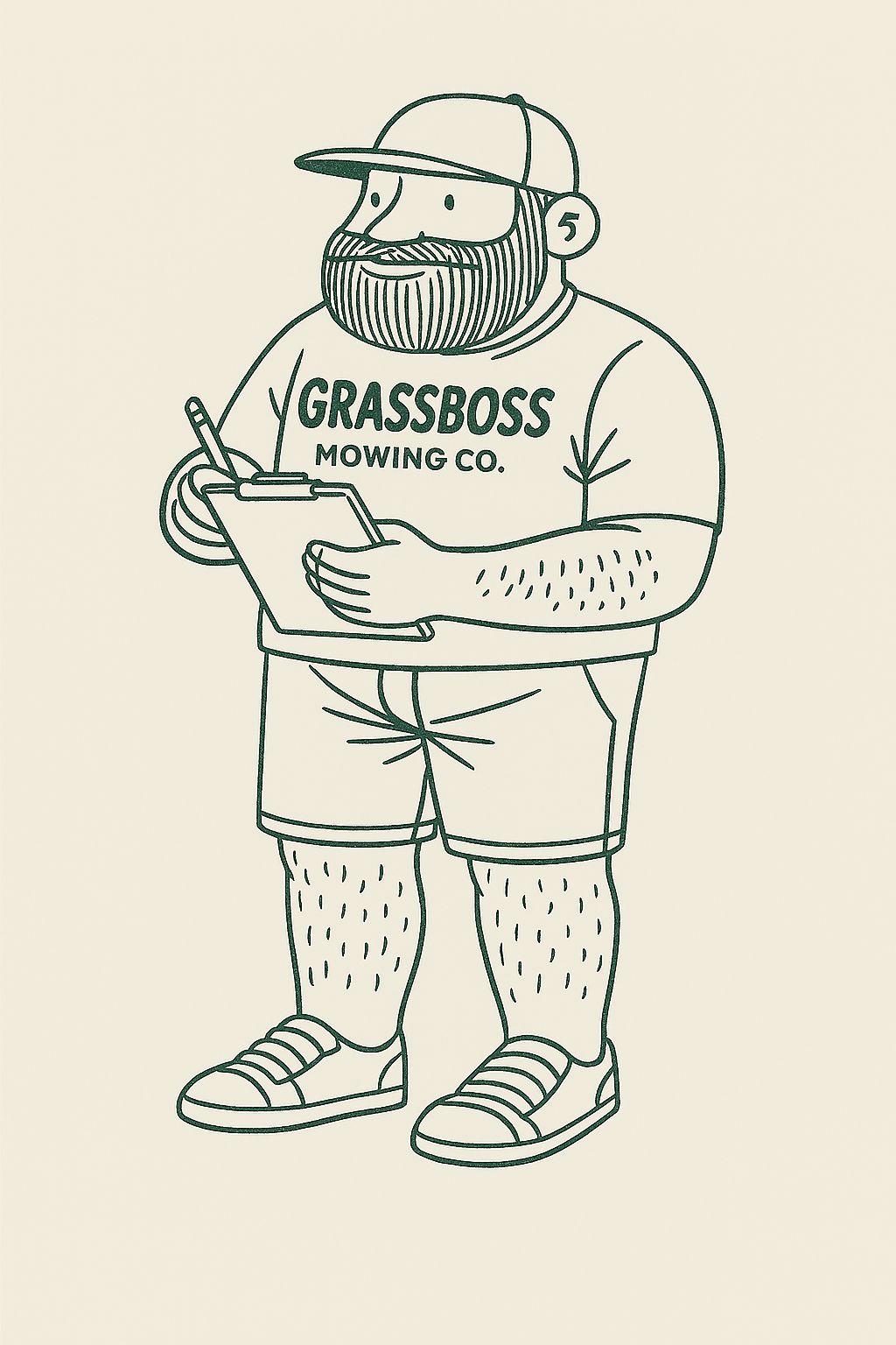Line drawing of a man with a beard, wearing a cap, T-shirt with 'GrassBoss Mowing Co.' printed on it, shorts, sneakers, and a hearing aid, holding a clipboard and pen.