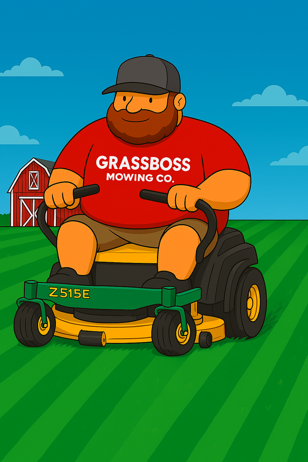 Cartoon illustration of a man with a beard wearing a red t-shirt with the text 'GRASSBOSS MOWING CO.', sitting on a riding lawn mower in a grassy field with a red barn in the background under a blue sky with clouds.