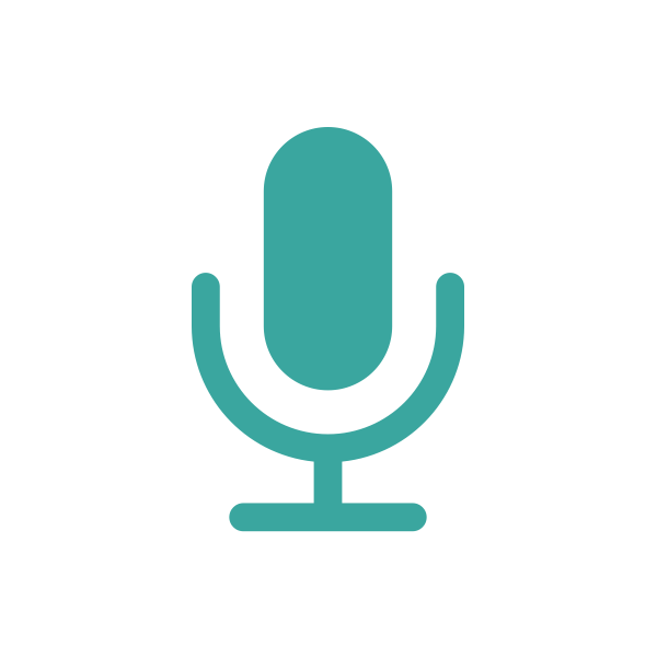 Icon of a teal microphone on a black background.