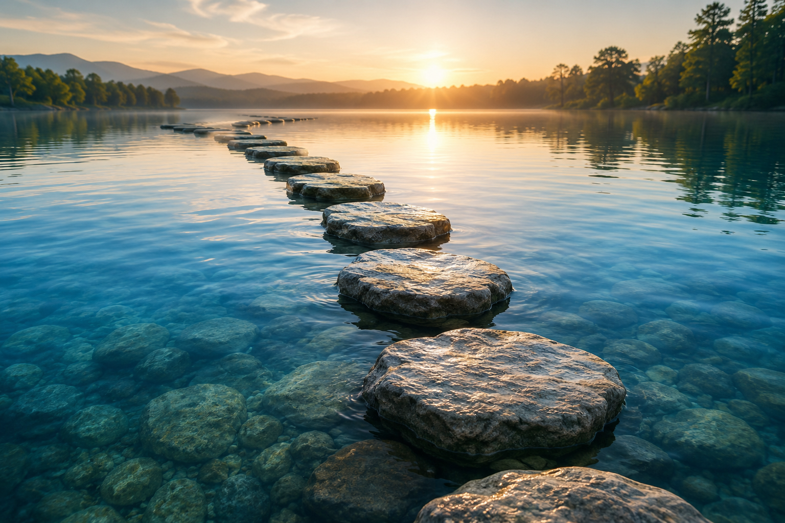 Stepping stones on a lake at sunset with mountains and trees in the distance.