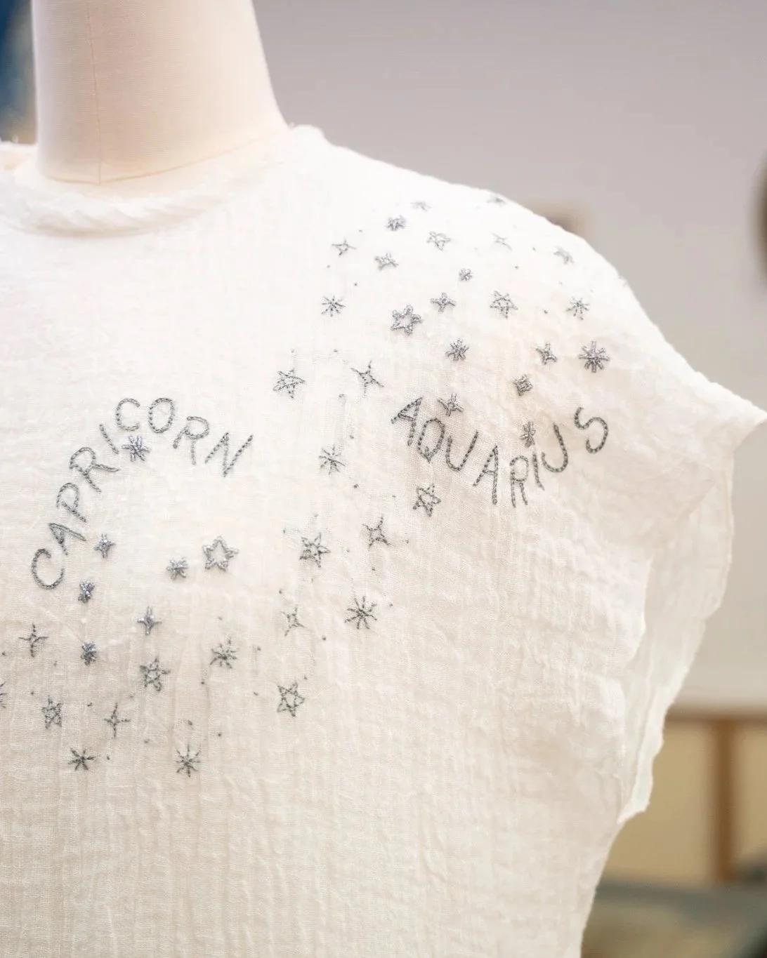 White fabric with silver star embellishments and the words 'CAPRICORN' and 'AQUARIUS' embroidered on it.