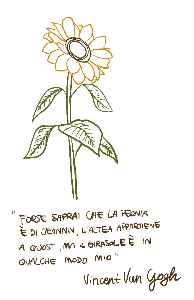 A neon-style drawing of a sunflower with a quote by Vincent Van Gogh in Italian beneath it, on a white background.