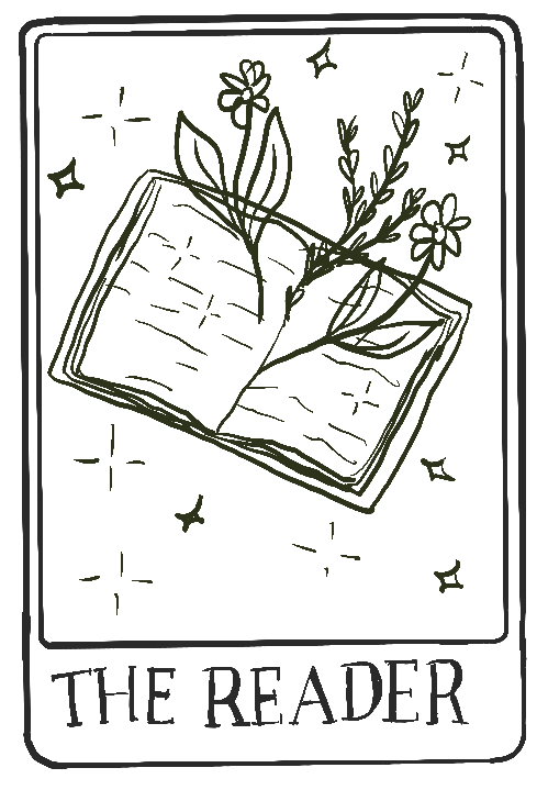 Hand-drawn illustration of an open book with flowers and leaves emerging from it, surrounded by stars, with the text "THE READER" at the bottom.