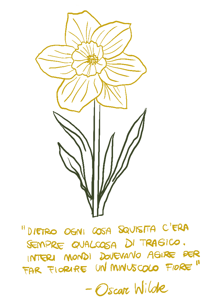 A minimalistic gold line drawing of a flower with a stem and leaves, accompanied by a quote in Italian by Oscar Wilde.