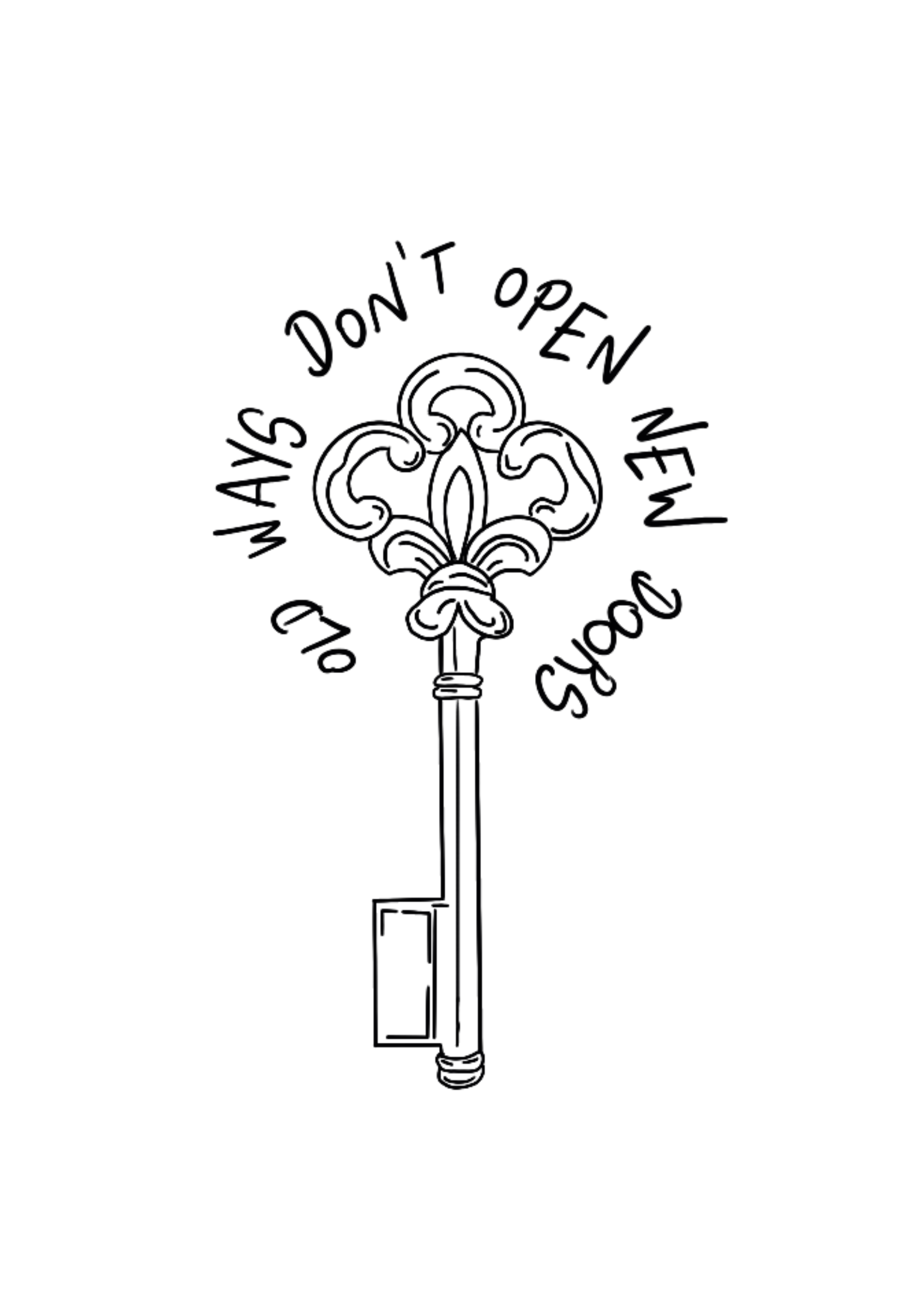 A black and white sign with a fleur-de-lis symbol in the center, featuring the words "Old ways don't open new doors" in a circular pattern around it.