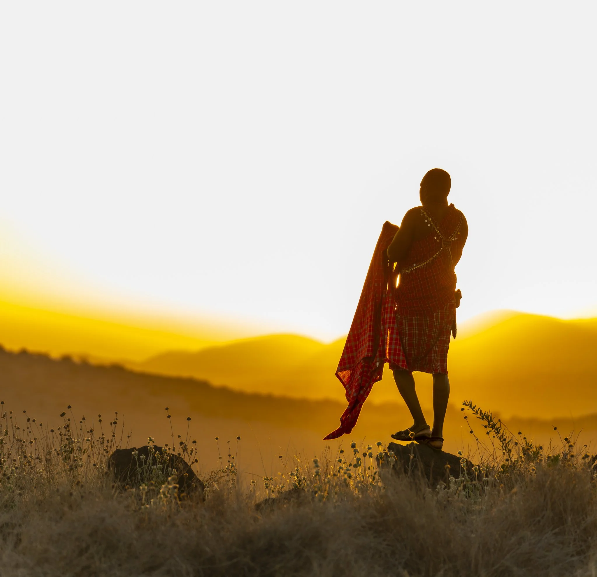 Masai guide clad in traditional costume at sunrise on Lewa Wildlife Conservancy.