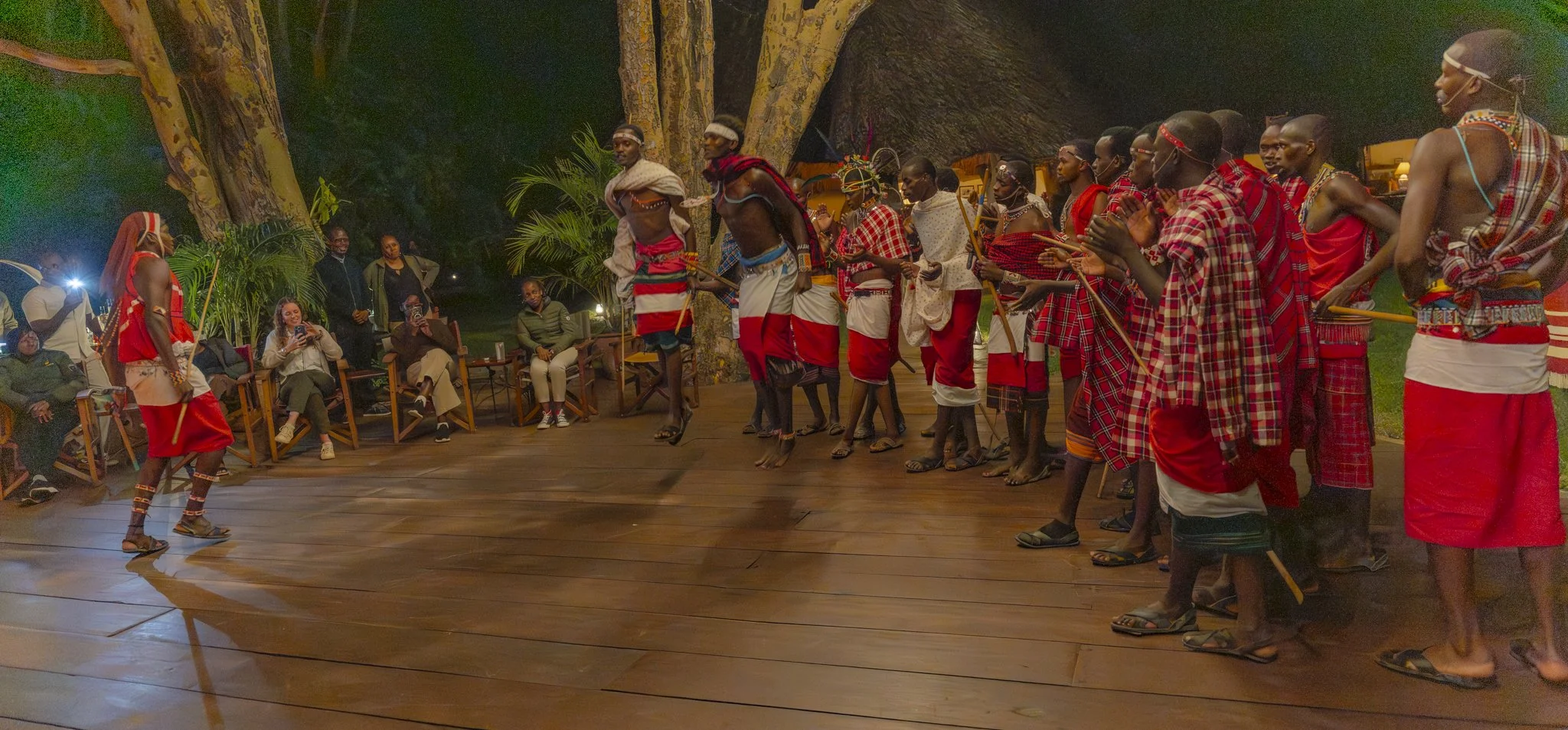 Masai dancers dressed in their traditional costumes entertain The Long Run member's during their AGM held at Sirikoi Lodge, Lewa Wildlife Conservancy.