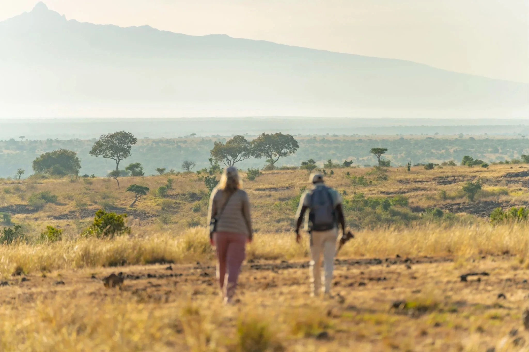 Two people walking through a grassy, semi-arid landscape with scattered trees, mountains in the background, and a hazy sky.