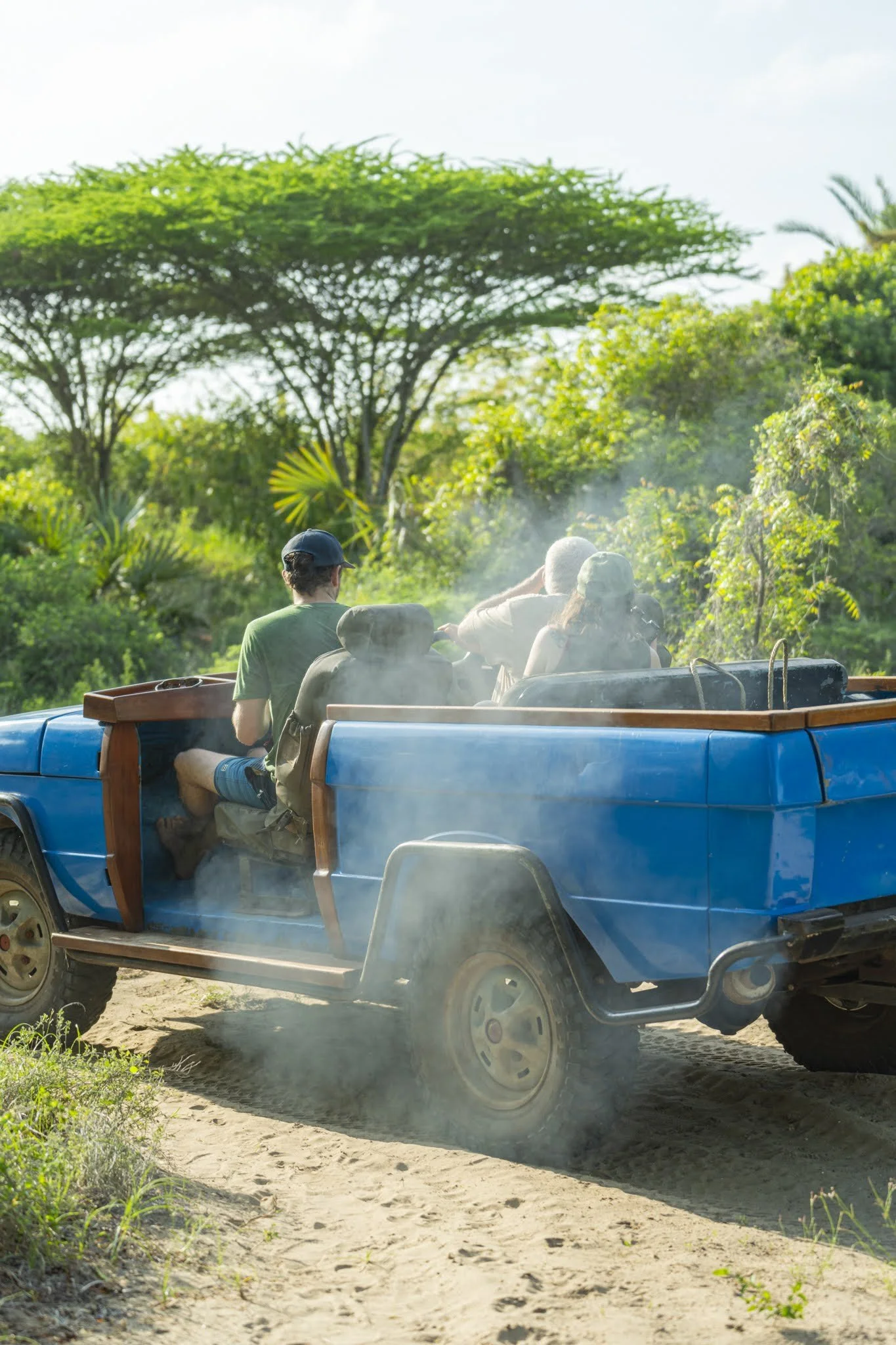 A group of people riding in an open-air vehicle through a lush, green landscape with trees and shrubs, with dust being kicked up from the dirt road.