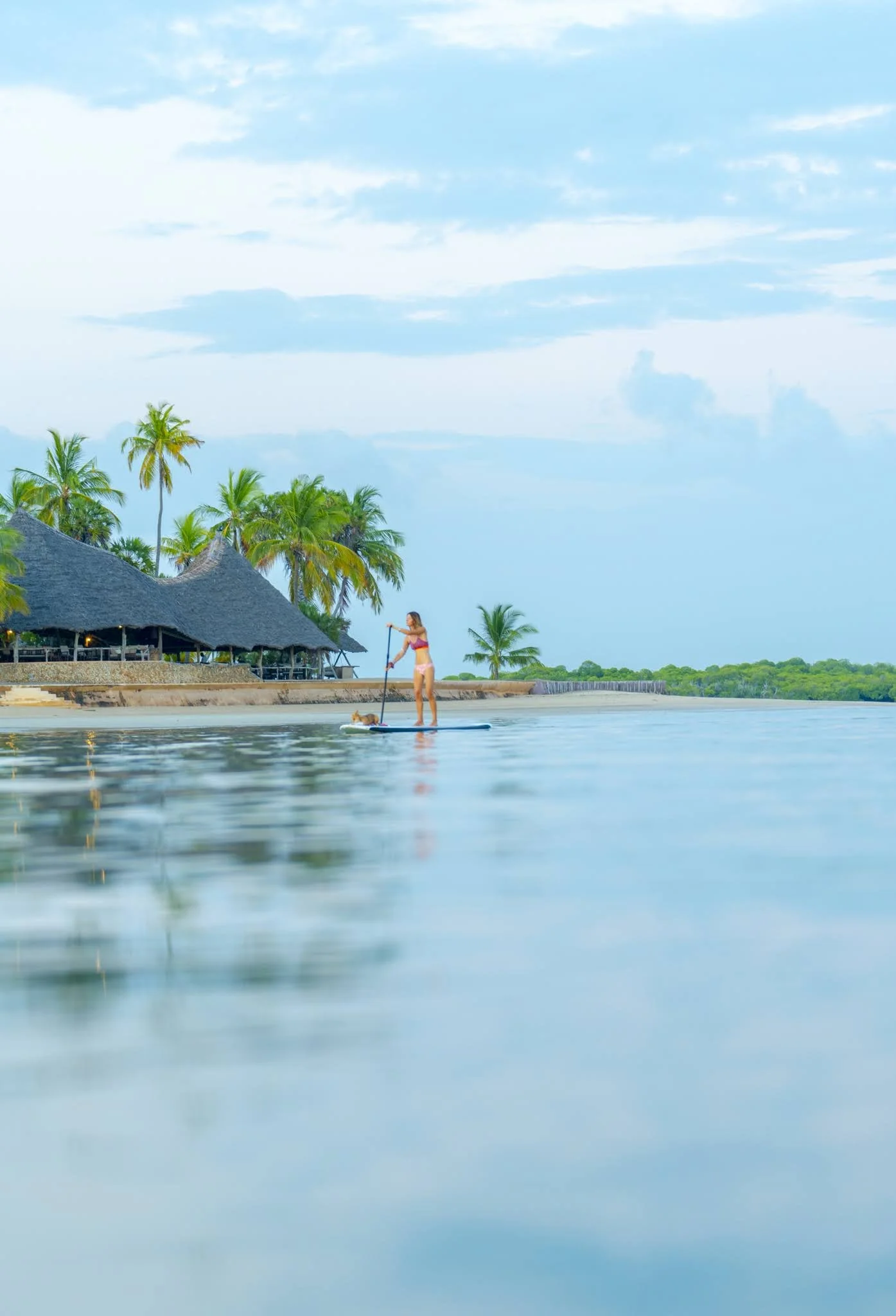 A woman stand-up paddleboarding on calm water near a tropical beach with thatched-roof hut, palm trees, and a partly cloudy sky.