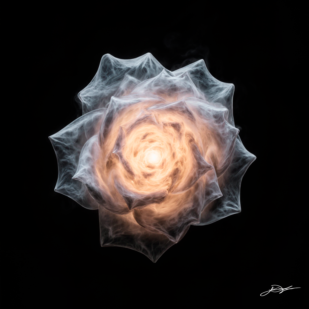 Una ilustración digital de una galaxia en espiral con tonos cálidos y fríos, con un fondo negro.