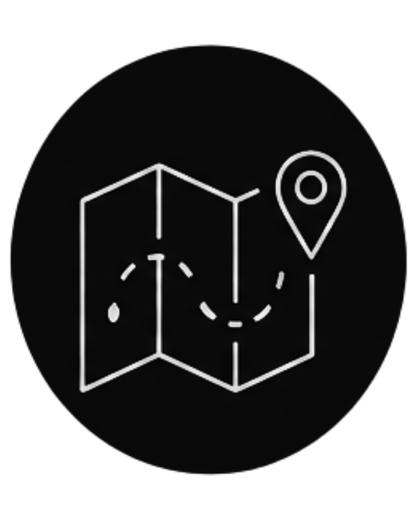 Line drawing of a cube with a smiling face, a building block, and a location pin symbol inside a black circle.