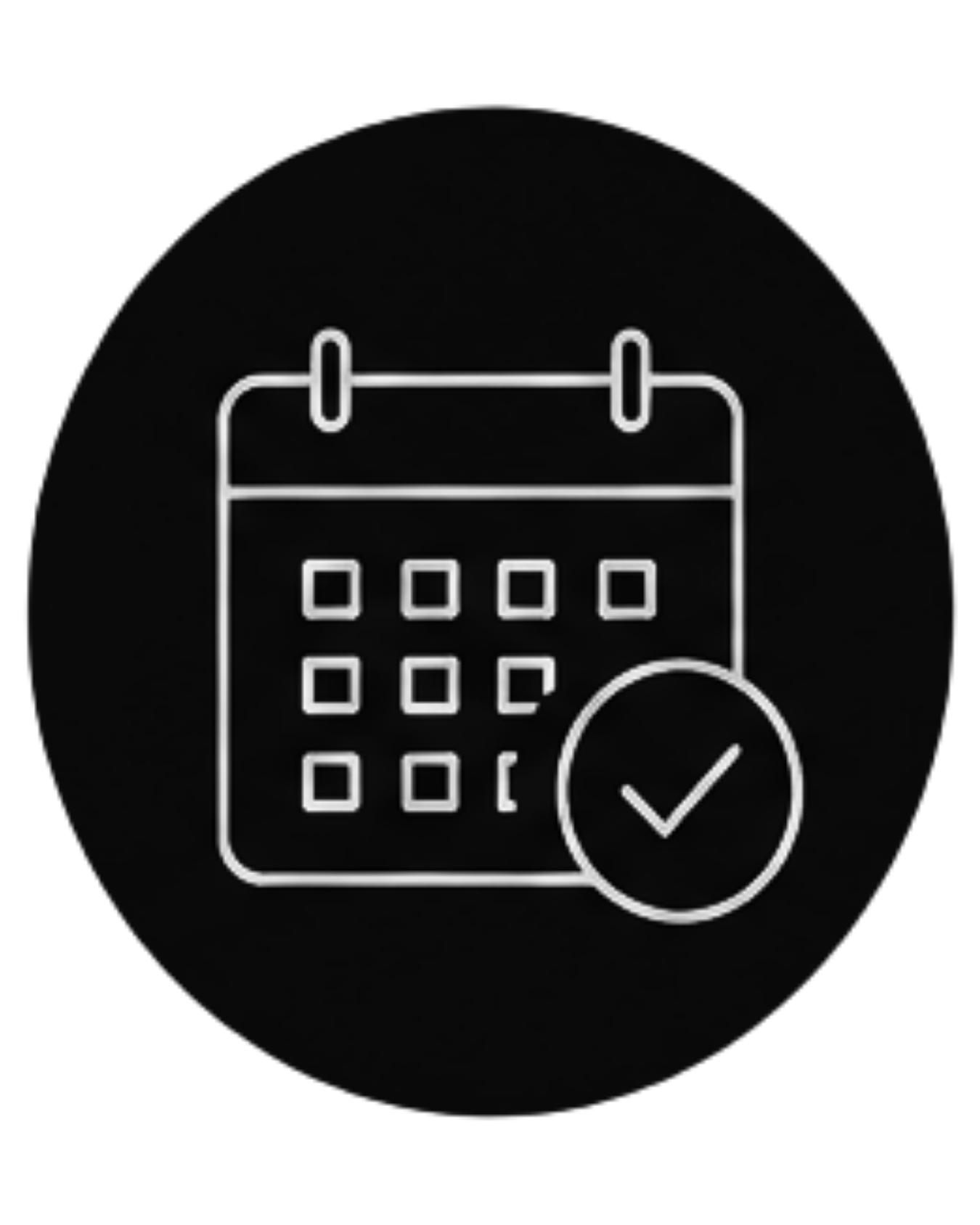 Line drawing of a calendar with a checkmark, indicating an event or appointment scheduling.