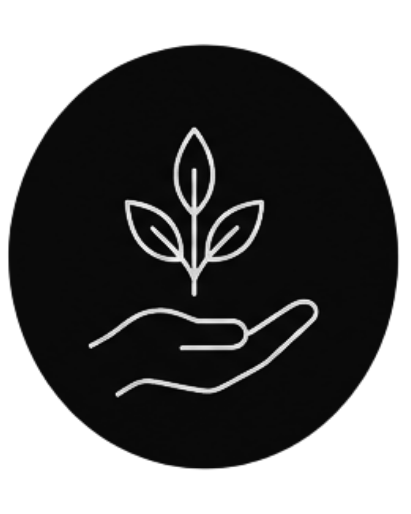 A white line drawing of a hand holding a plant with three leaves on a black background.