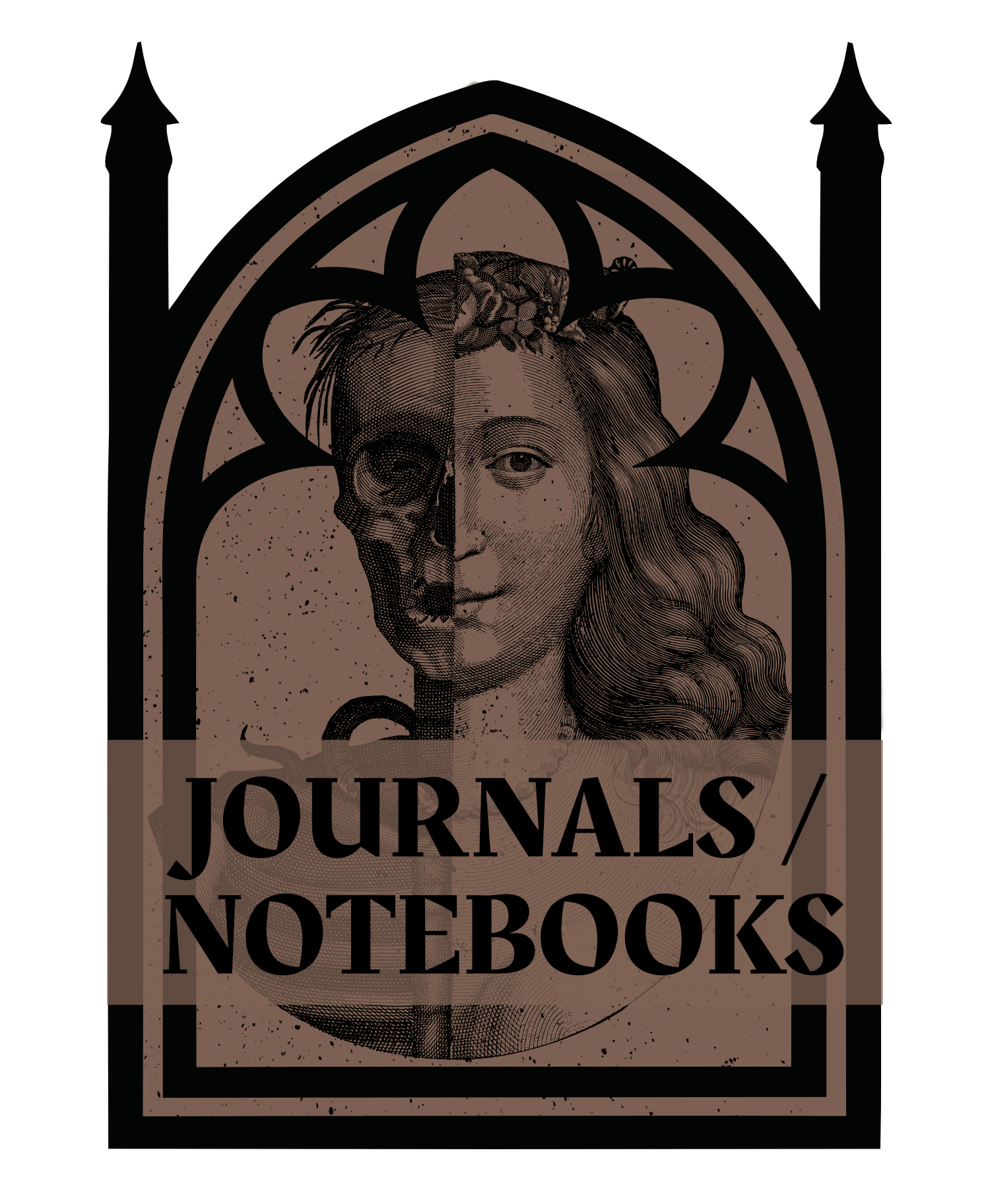 A vintage-style illustration of a woman's face with one eye as a skull, framed within gothic arch design. Below, the words 'Journals/Notebooks' are printed.